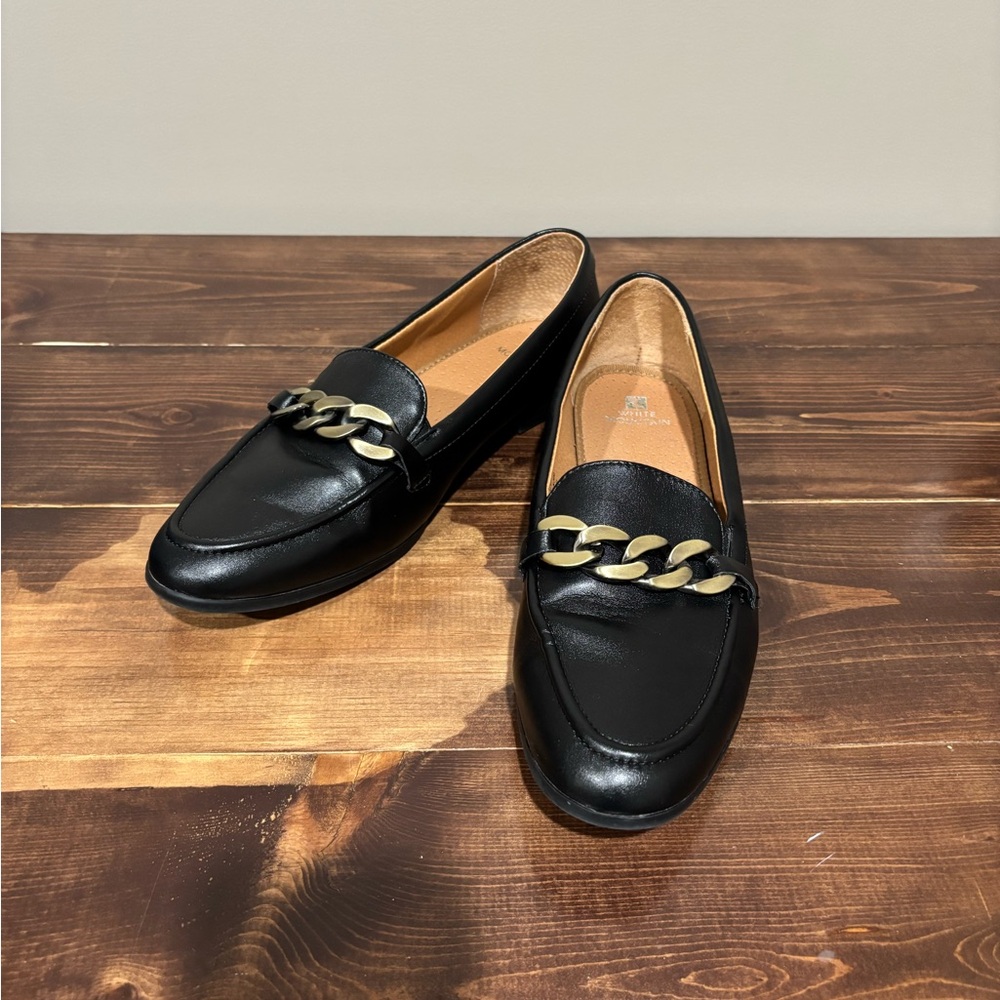Black Leather Loafers with Chain Detail